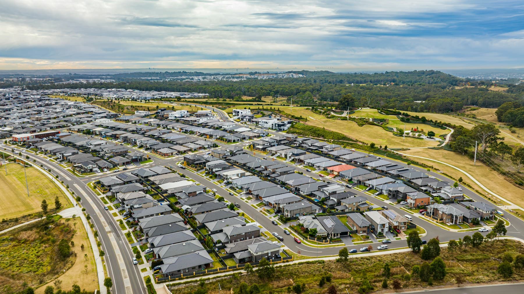 Aerial photograph of a modern Australian residential housing estate
